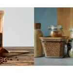 Imagem de café moído embalado e também em potes de mantimento