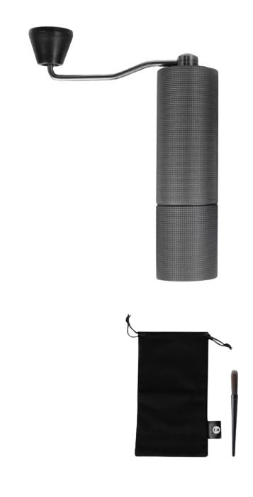 Imagem moedor de café Timemore c2 , bolsa de tecido e pincel preto 