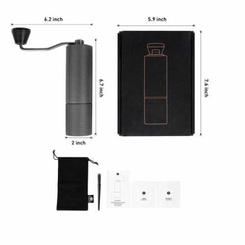 Imagem dos itens que vem na caixa do moedor de cafe timemore c2:moedor cinza,caixa ,bolsa em tecido preto,pincel e 3 manuais